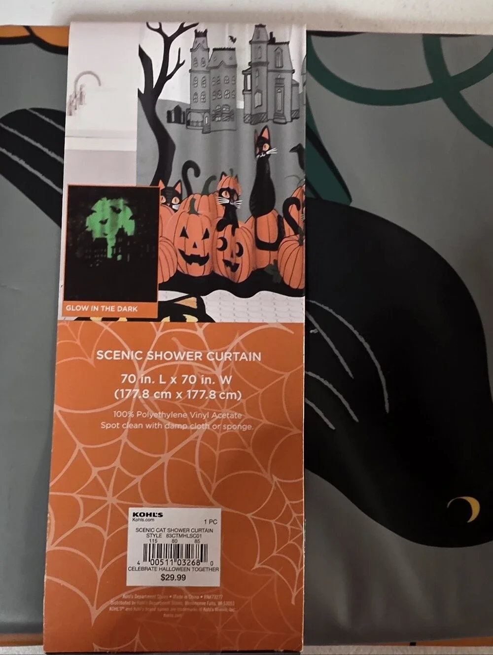 Celebrate Halloween Together Orange Black Scenic Cat Shower Curtain Glow In Dark